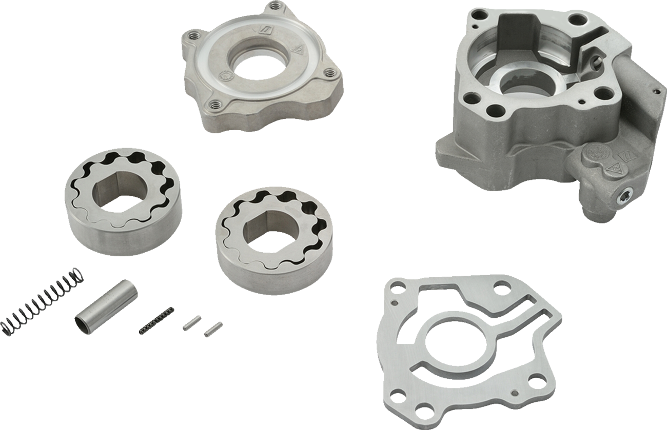 Drag Specialties high volume oil pump for M8 Harley Davidson models, part #81080, with detailed metal construction and fittings.