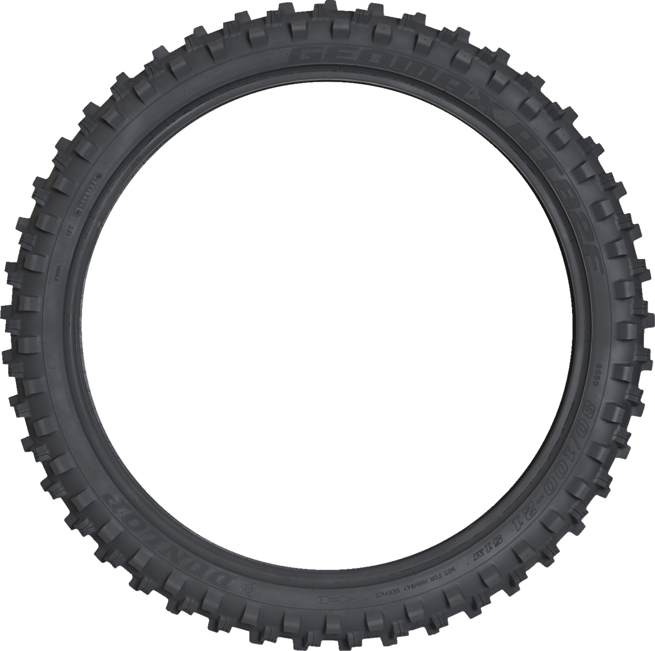 DUNLOP Geomax AT82 front motorcycle tire 90/100-21 with rugged tread pattern for off-road riding.