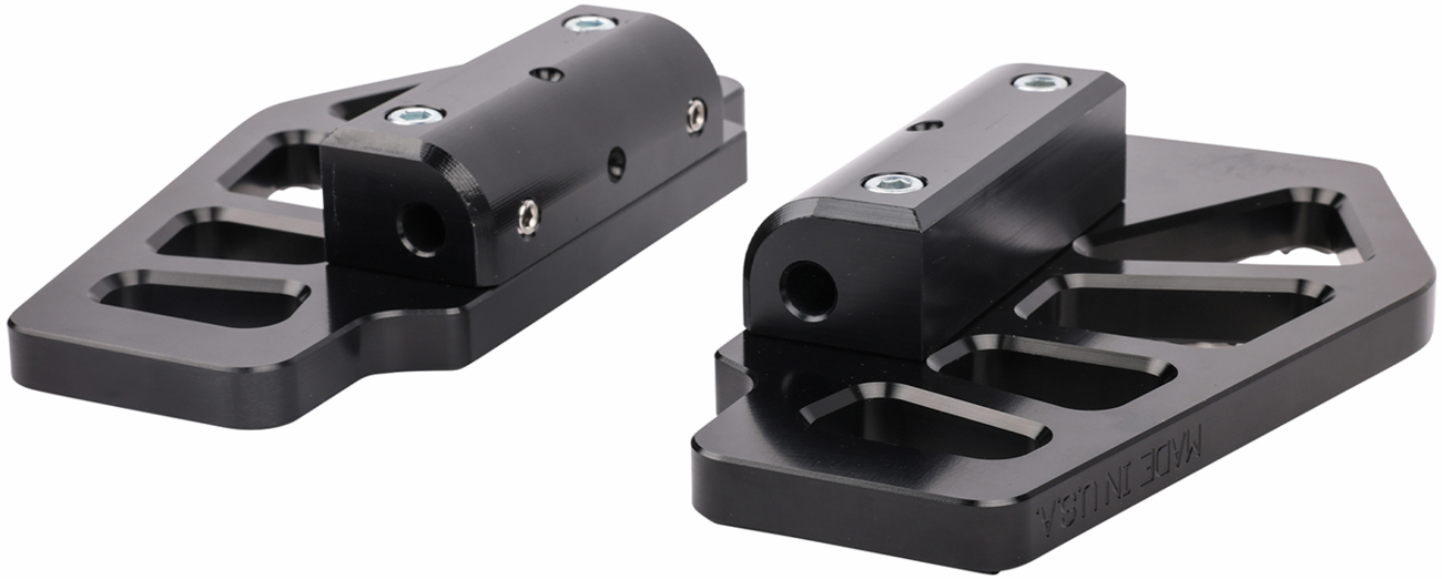 Black Thrashin Supply Co. Apex Mini Floorboards for passenger side motorcycle, made in the USA, compact and durable design.