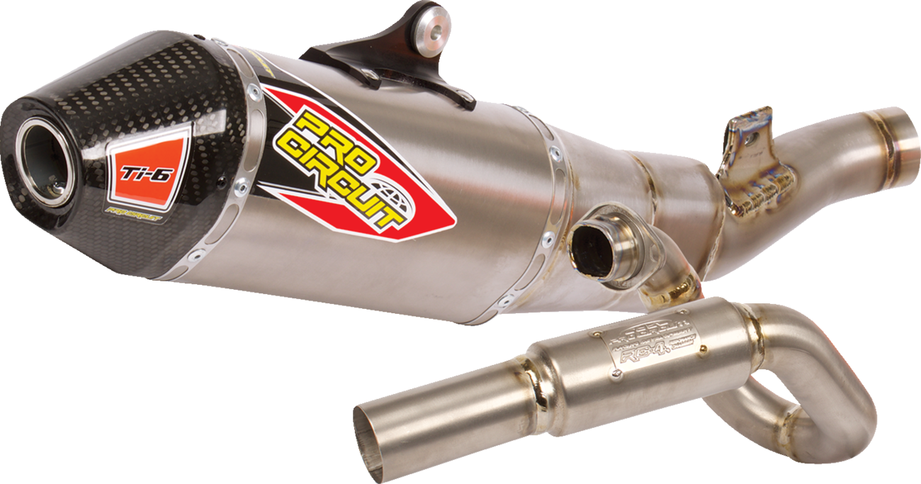 Pro Circuit TI-6 exhaust system in titanium with sleek, lightweight design for motocross and dirt bike racing.