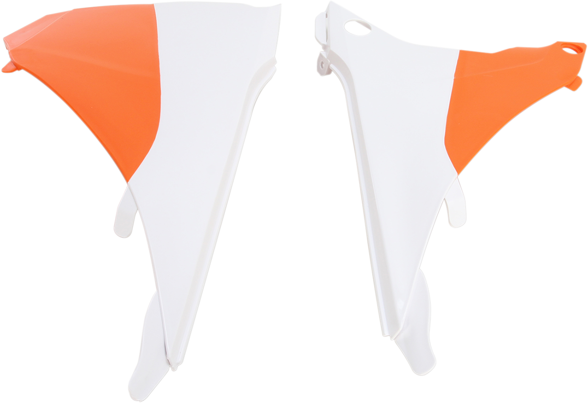 Acerbis white and orange airbox cover for motorcycle, shown on a body, with detailed color and design features.