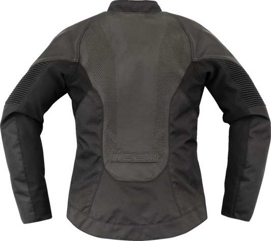 Black ICON Women's Overlord3â„¢ leather jacket, medium size, stylish and fitted with detailed stitching and a sleek design.