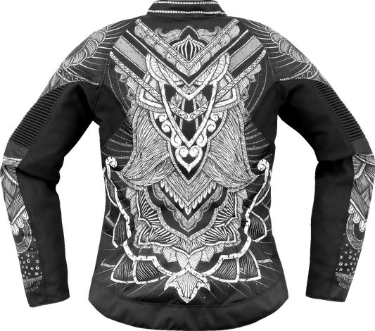 ICON Women's Overlord3 Nobleâ„¢ Black jacket in medium, durable polyester with impact protection, designed for motorcycle riding.