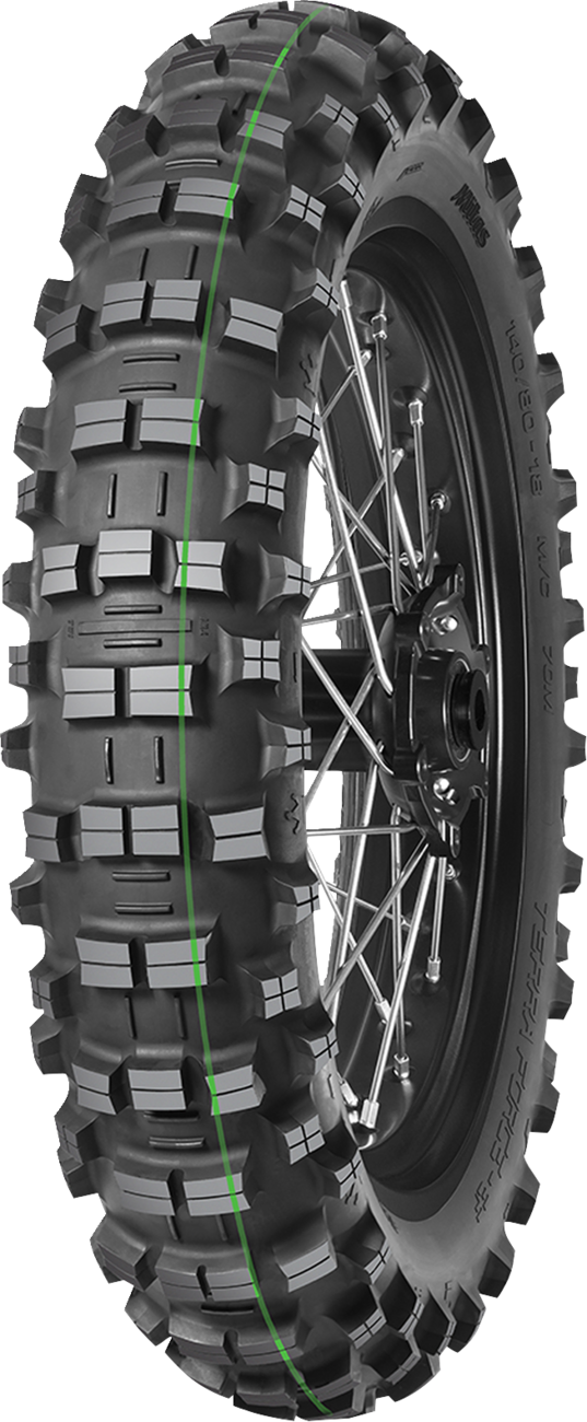 MITAS Terra Force-EF Super Light rear tire for enduro and dual sport motorcycles, size 120/90-18, showing tread pattern and sidewall.