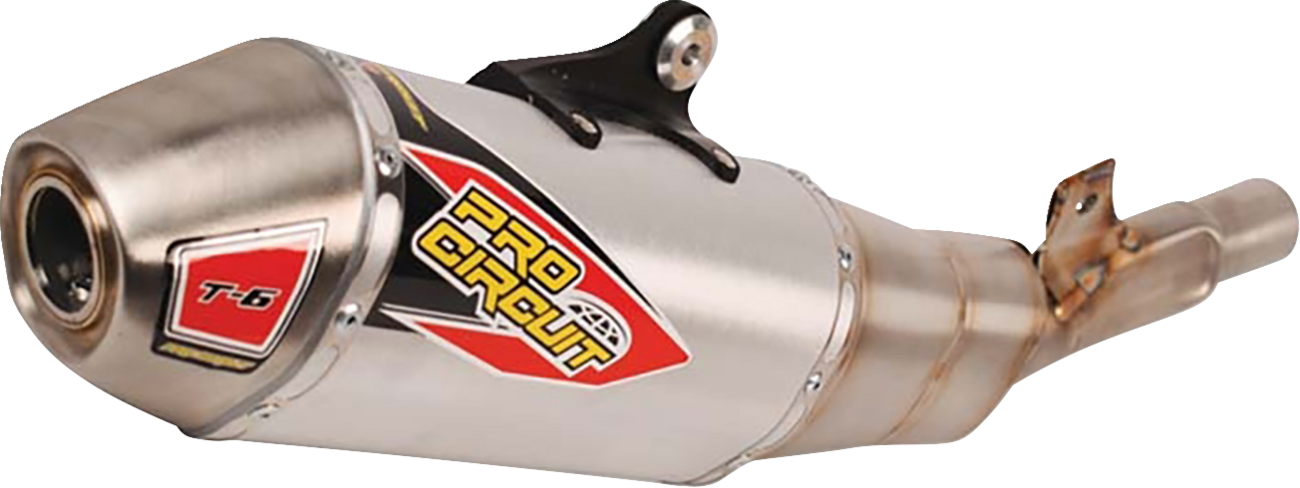 Pro Circuit T-6 slip-on muffler in stainless steel with sleek design, showcasing the exhaust tip and branding details.