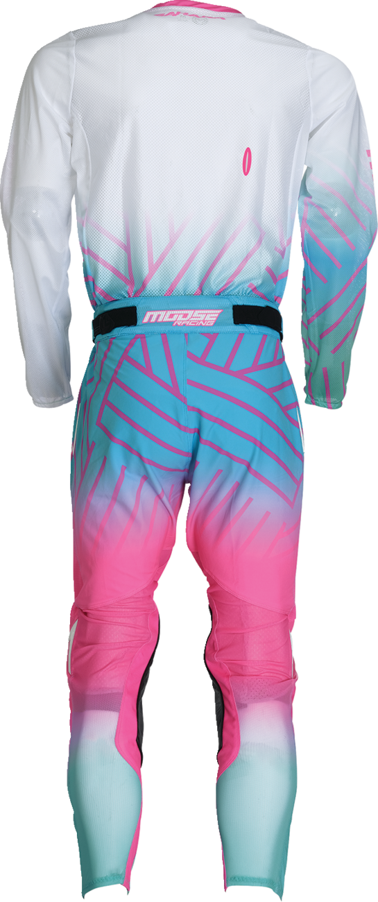 Moose Offroad Sahara Jersey in pink, blue, and white, small size, featuring bold off-road graphic on lightweight fabric.