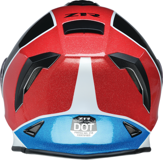 Z1R Youth Warrant 2.0 Snow Helmet in Fresh Pow Red, white, and blue, medium size, with ventilation and adjustable straps.