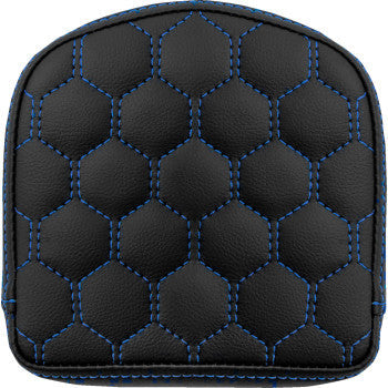 SADDLEMEN RoadSofa™ sissy bar pad with honeycomb design and blue stitching, compatible with motorcycle sissy bars.