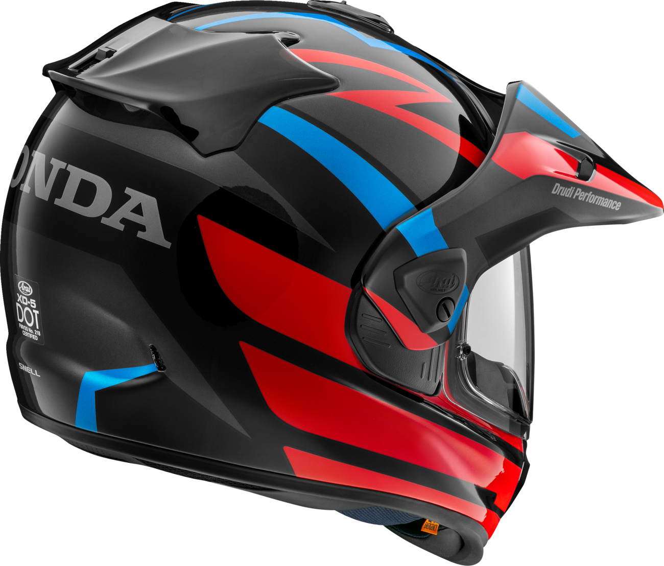 Red ARAI XD-5 helmet for Honda Africa Twin, medium size, featuring sleek design and secure chin strap.