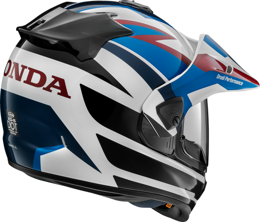 Blue ARAI XD-5 Africa Twin motorcycle helmet in medium size, featuring aerodynamic design and ventilation for rider safety.
