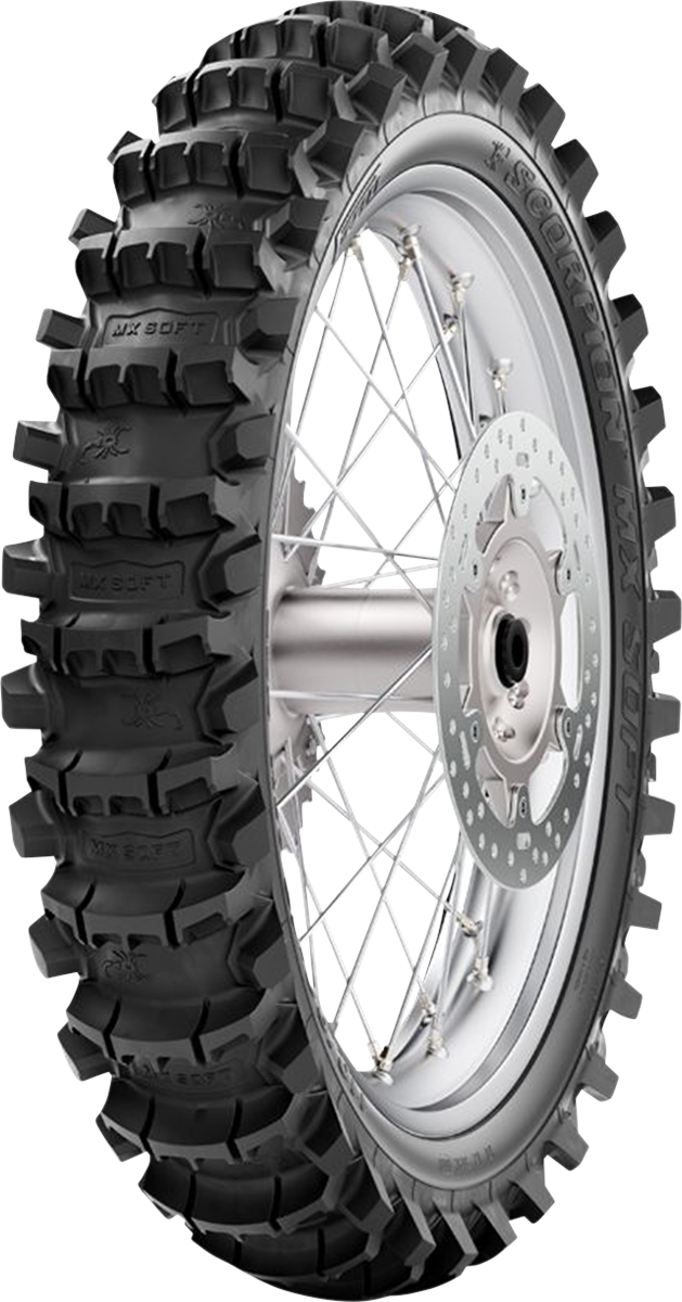 Pirelli Scorpion MX Soft rear off-road motorcycle tire 120/90-18 with tread pattern for off-road and competition use.