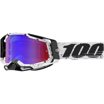 Bill's Exhausts 100% Racecraft 2 goggles with Trinity red and blue mirror lenses, designed for motocross riding.