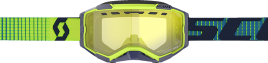 Scott Fury snow goggles in blue and yellow with an engine-style frame, detailed view of the vibrant ski gear for winter sports.