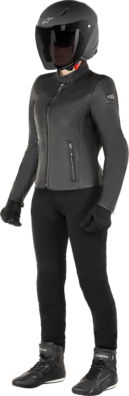 Alpinestars Stella Tory leather motorcycle jacket in black with detachable thermal vest, designed for women, size small.