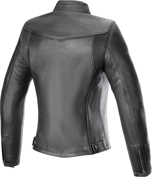 Black Alpinestars Stella Tory women's leather motorcycle jacket, size XL, featuring stylish design and protective riding features.