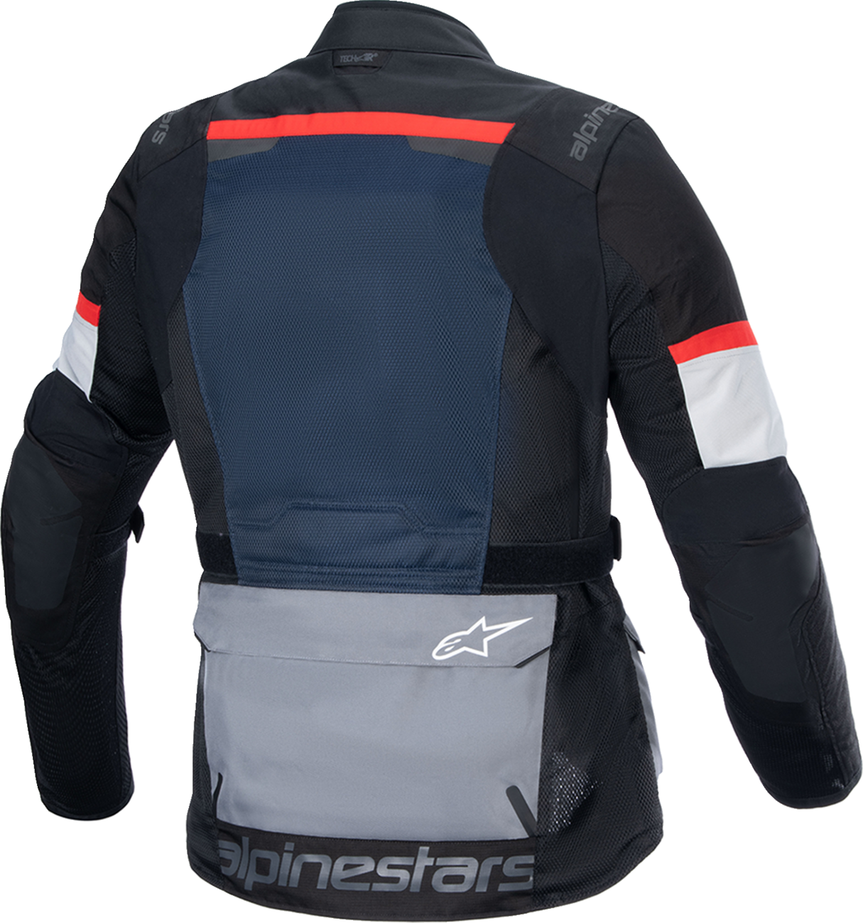 Alpinestars Andes Air Drystar® motorcycle jacket in deep blue, black, and ice gray, size large, featuring protective armor and ventilation.