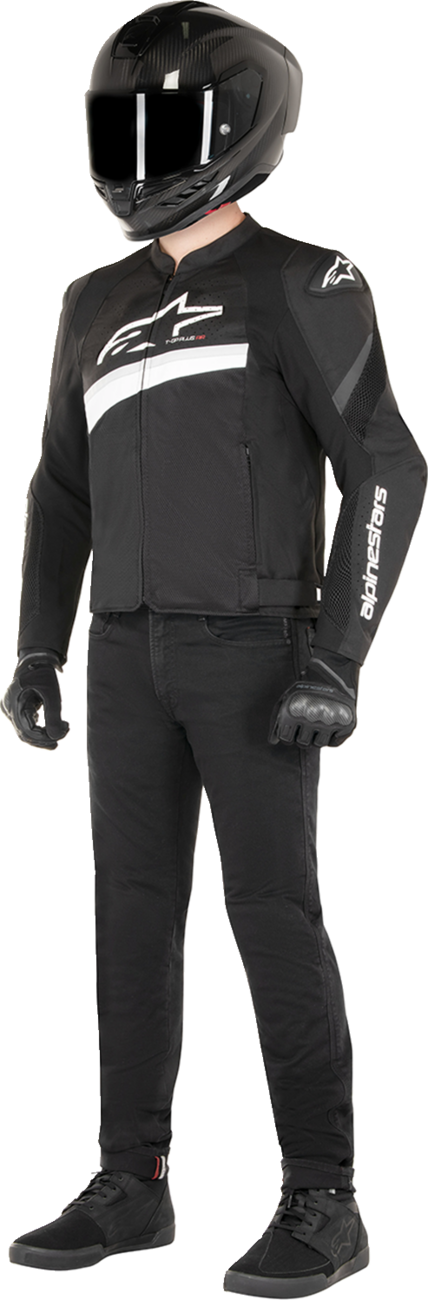 Alpinestars T-GP Plus R v4 Airflow motorcycle jacket in black and white, 2XL size, featuring mesh panels and protective armor.