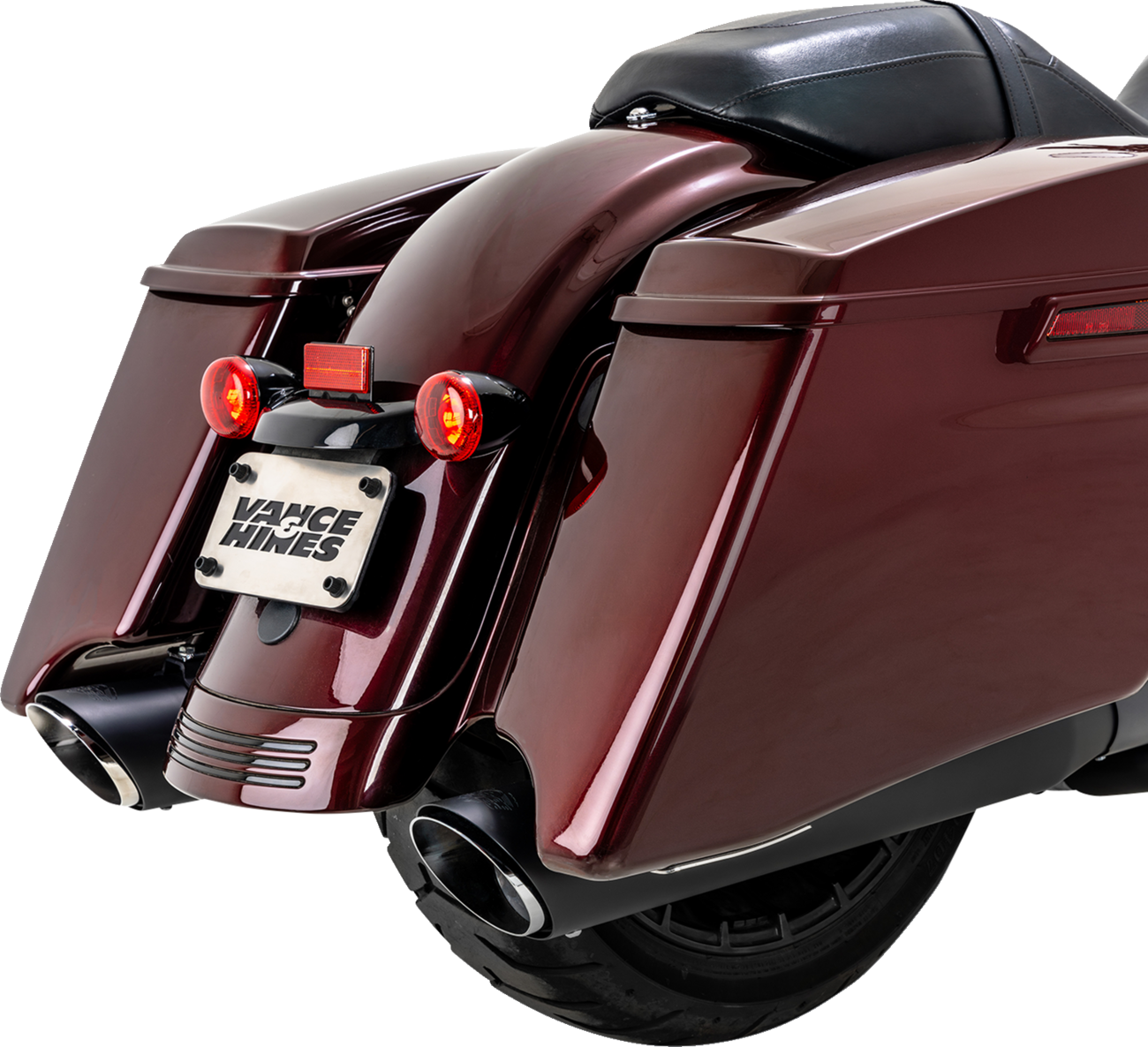 Vance & Hines Twin Slash Slip-On Muffler in black for motorcycle, showing the sleek, dual-exhaust design and finish.
