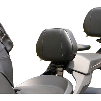 Black Show Chrome Ballistic Driver Backrest for Ryker 900 (2019-2024), providing comfortable support for motorcycle riders.