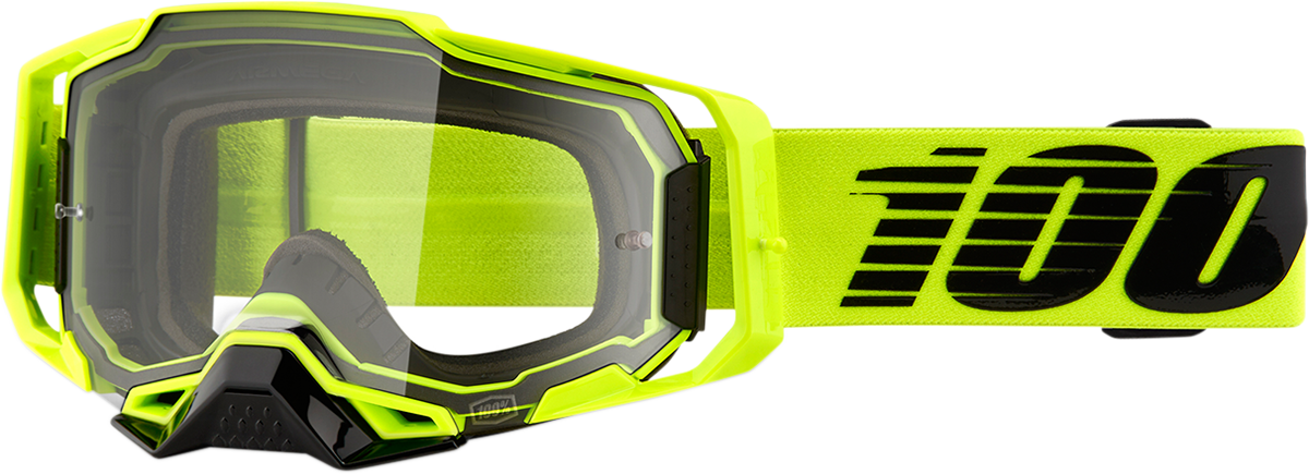 Bill's Exhausts 100% Armega Goggles in Nuclear Citrus with clear lenses, featuring adjustable straps and protective eye coverage.