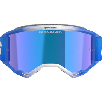 Alpinestars Vision 5 Goggle with blue frame and blue mirror lens, designed for motorcycle riding, showcasing the sleek, sporty design.