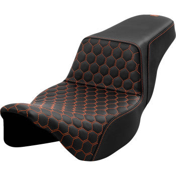 Bill's Exhausts SADDLEMEN Step-Up Seat in honeycomb with orange stitching, extended reach design for FL models 2008-2023