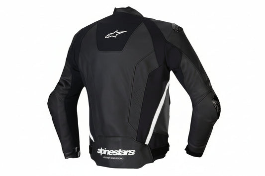 Alpinestars Missile v3 leather motorcycle jacket in black and white, US 38 / EU 48, displayed on a hanger.