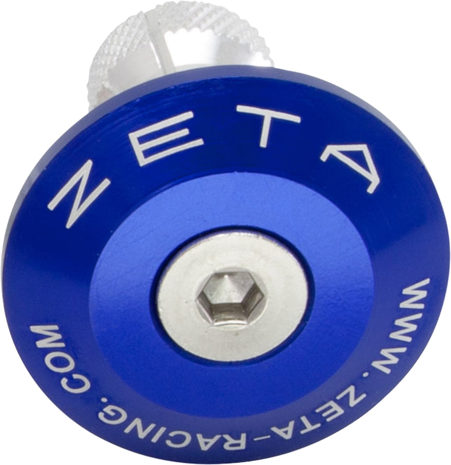 Blue ZETA ZE48-7007 motorcycle handlebar end plug with lightweight aluminum hardware installed on handlebar.