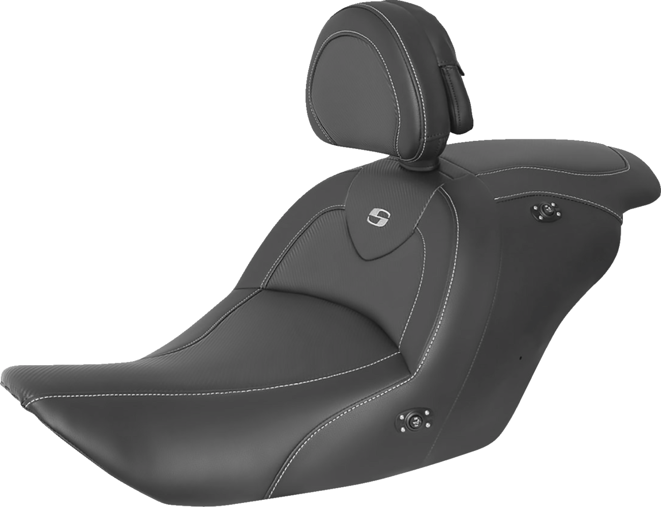 Black SADDLEMEN Roadsofa heated motorcycle seat with backrest for Honda GL1800 2014-2017, featuring carbon fiber finish.
