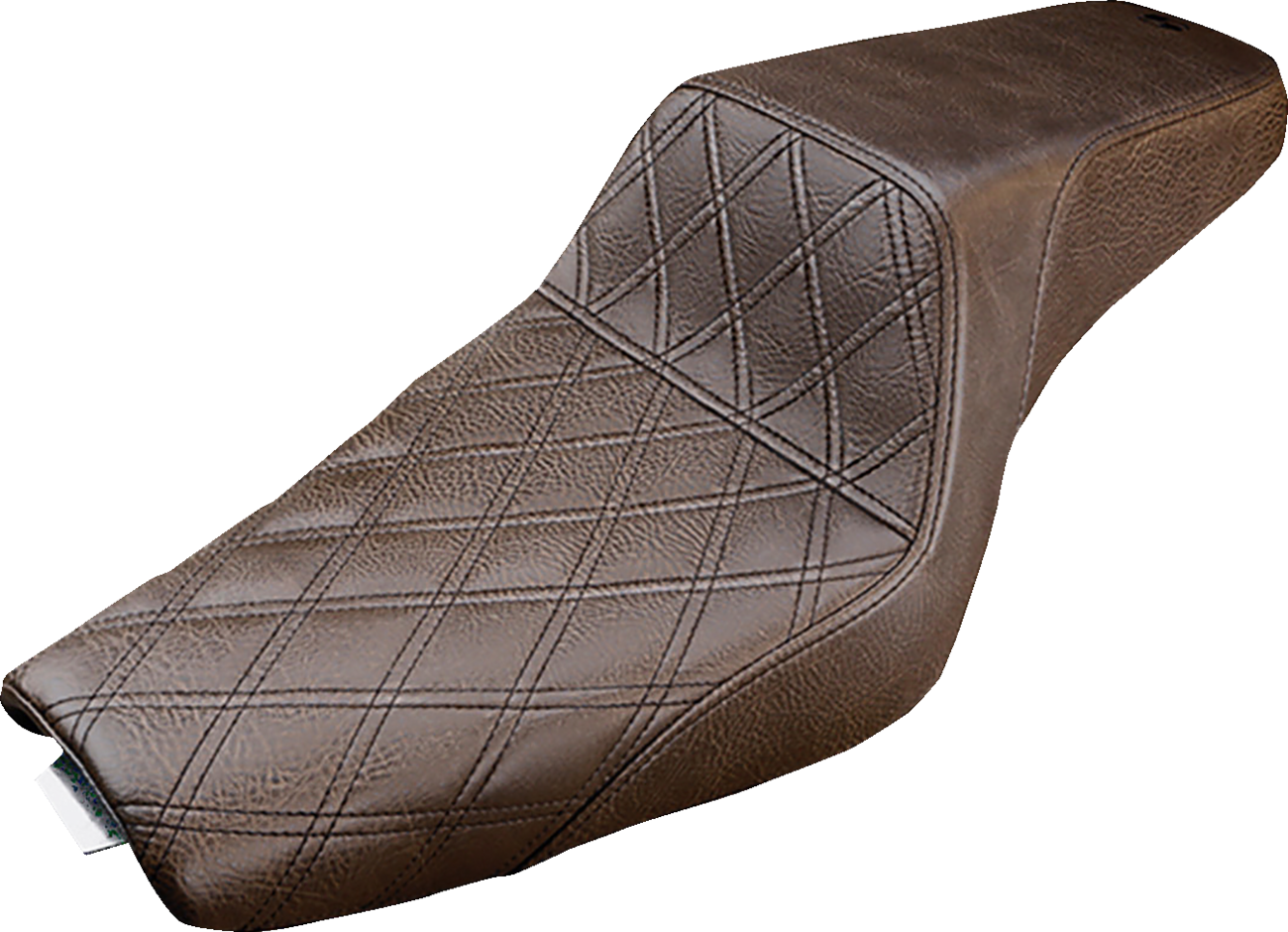 Brown SADDLEMEN Step-Up Seat with front lattice stitch for XL bikes, featuring durable construction and detailed stitching.