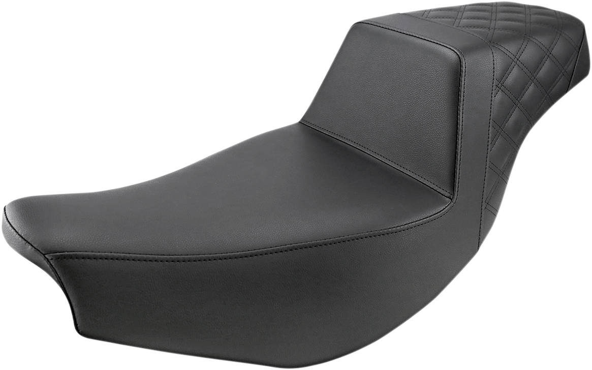 Black Saddlemens Step Up Seat for Indian motorcycle, front smooth and rear lattice design, by Bill's Exhausts.