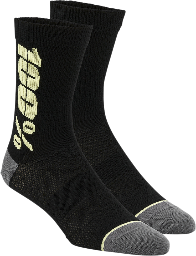 Black and yellow Rythym socks by Bill's Exhausts in large/XL size, featuring bold color-block design and comfortable fabric.