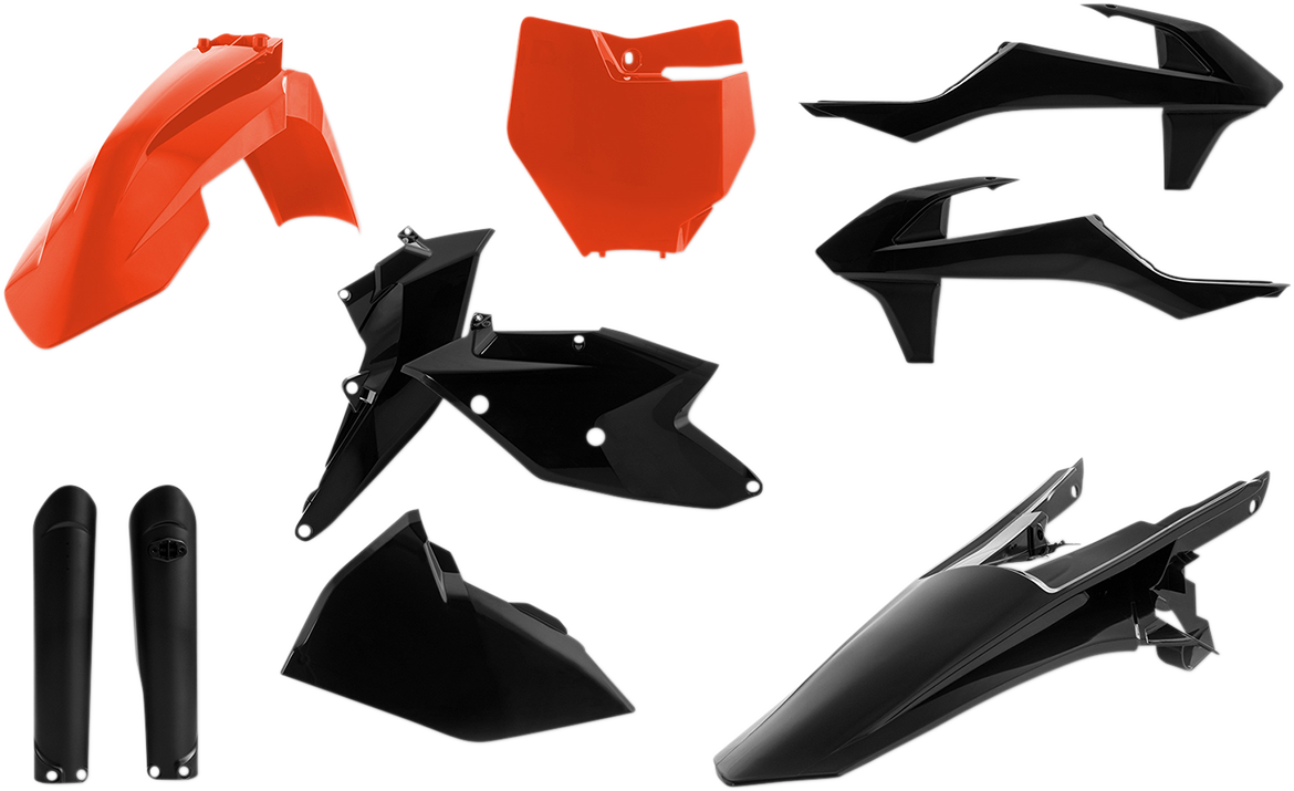 Acerbis full replacement body kit in orange and black with sleek design, designed for motorcycle customization.