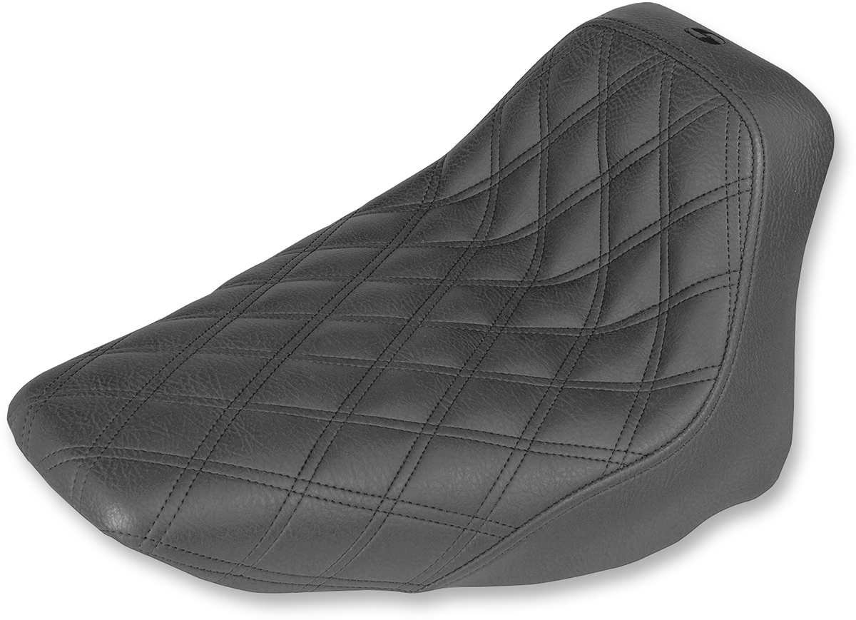 Black SADDLEMEN Renegade Solo Seat with lattice stitching for Harley FLST models, designed for comfort and style.