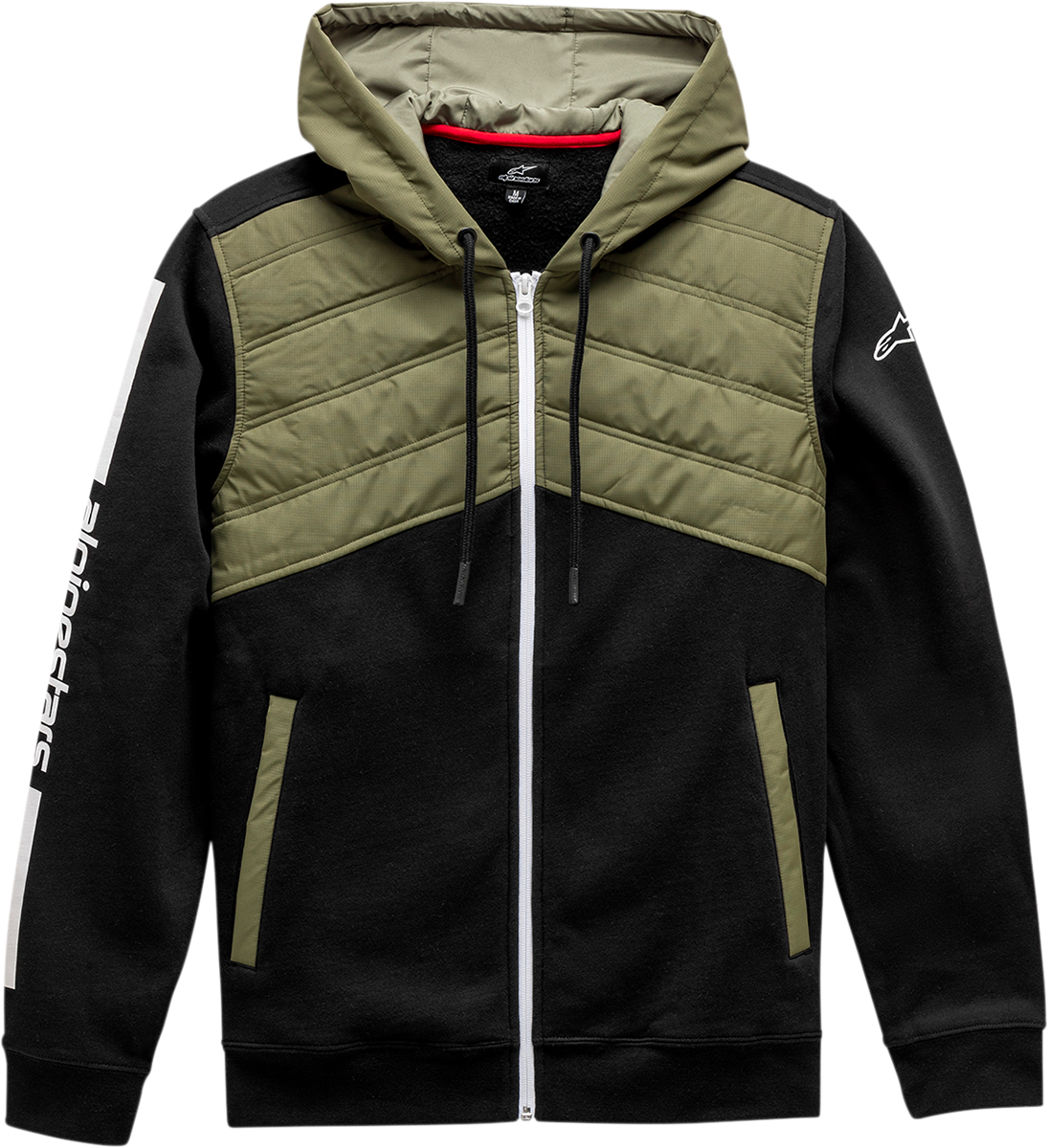Alpinestars Alltime Hybrid Jacket in black and olive, medium size, displayed on a hanger showing its stylish, versatile design.