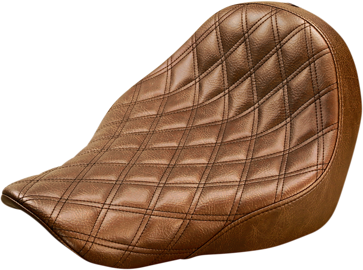 Bill's Exhausts SADDLEMEN Renegade Solo Seat in brown with lattice stitching for motorcycles.