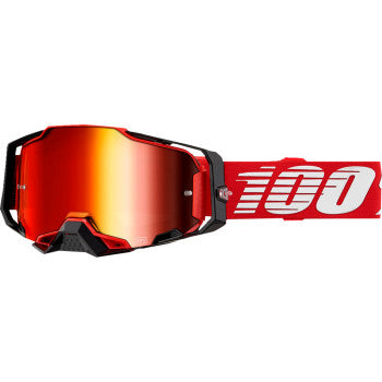Bill's Exhausts 100% Armega goggles in red with red mirror lenses, featuring a sleek design and adjustable strap for sports or outdoor activities.