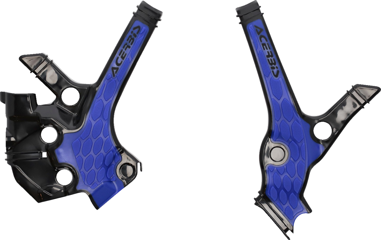 Acerbis X-Grip Frame Guards in black and blue on motorcycle frame, designed for protection and style.