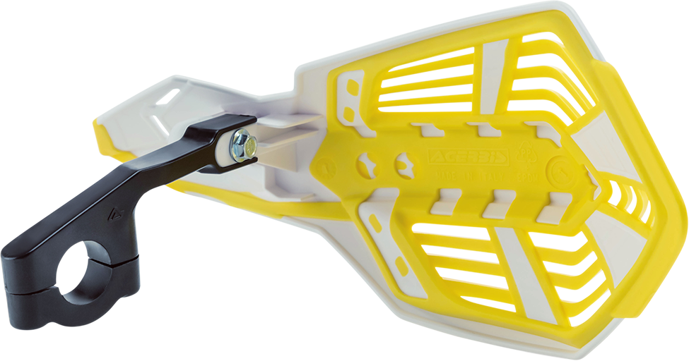 Acerbis X-Future white and yellow handguards for motorcycle handlebars, designed for protection and style.