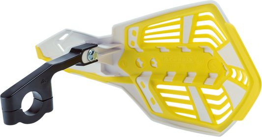 Acerbis X-Future white and yellow handguards for motorcycle handlebars, designed for protection and style.
