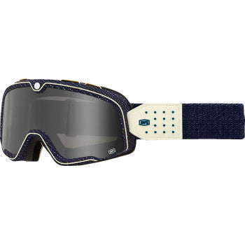 Bill's Exhausts 100% Barstow Goggles in denim with dark smoke lens, showcasing the sporty goggle design and adjustable strap.
