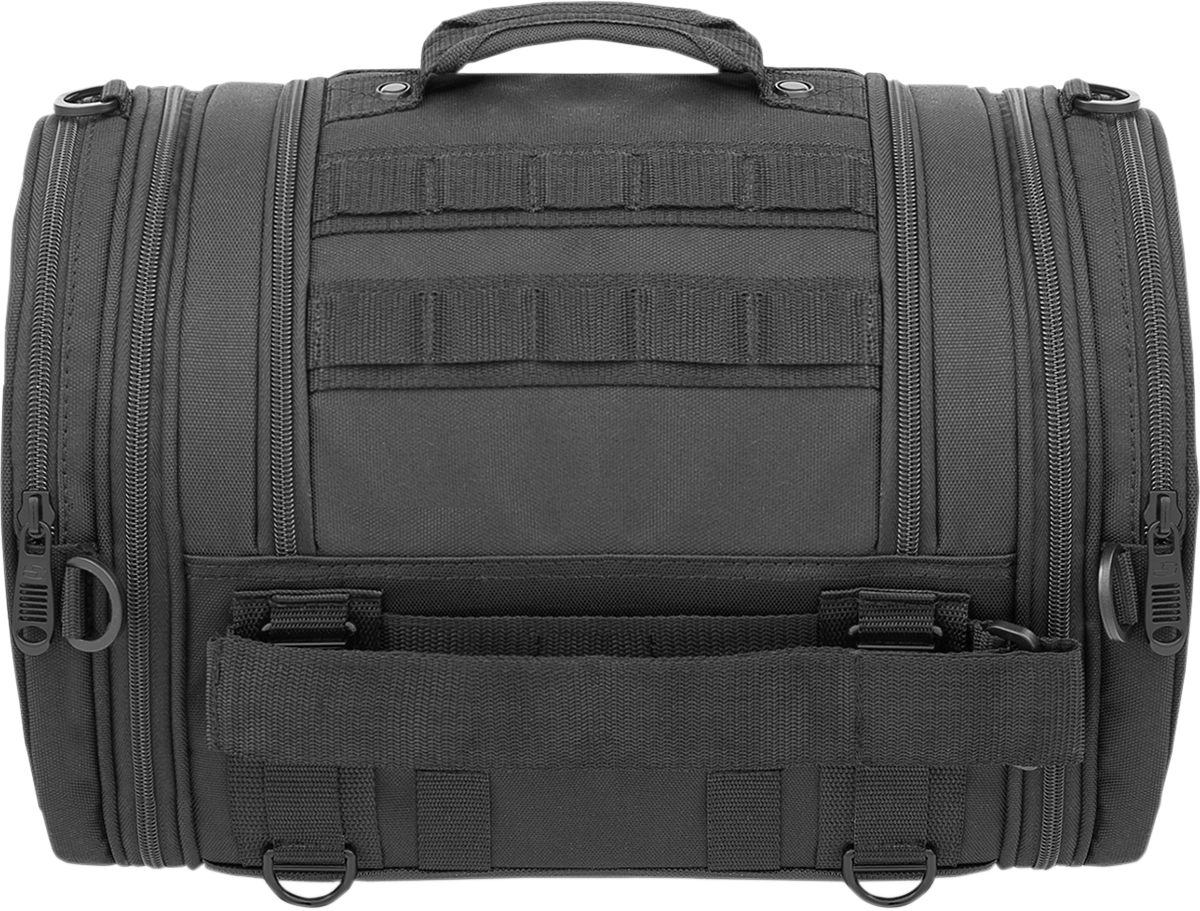 Bill's Exhausts SADDLEMEN R1300LXE Tactical Roll Bag seat with durable black material and reinforced stitching.