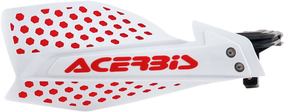 A pair of ACERBIS X-Ultimate white and red motorcycle handguards with mounting brackets, designed for off-road or motocross bikes.