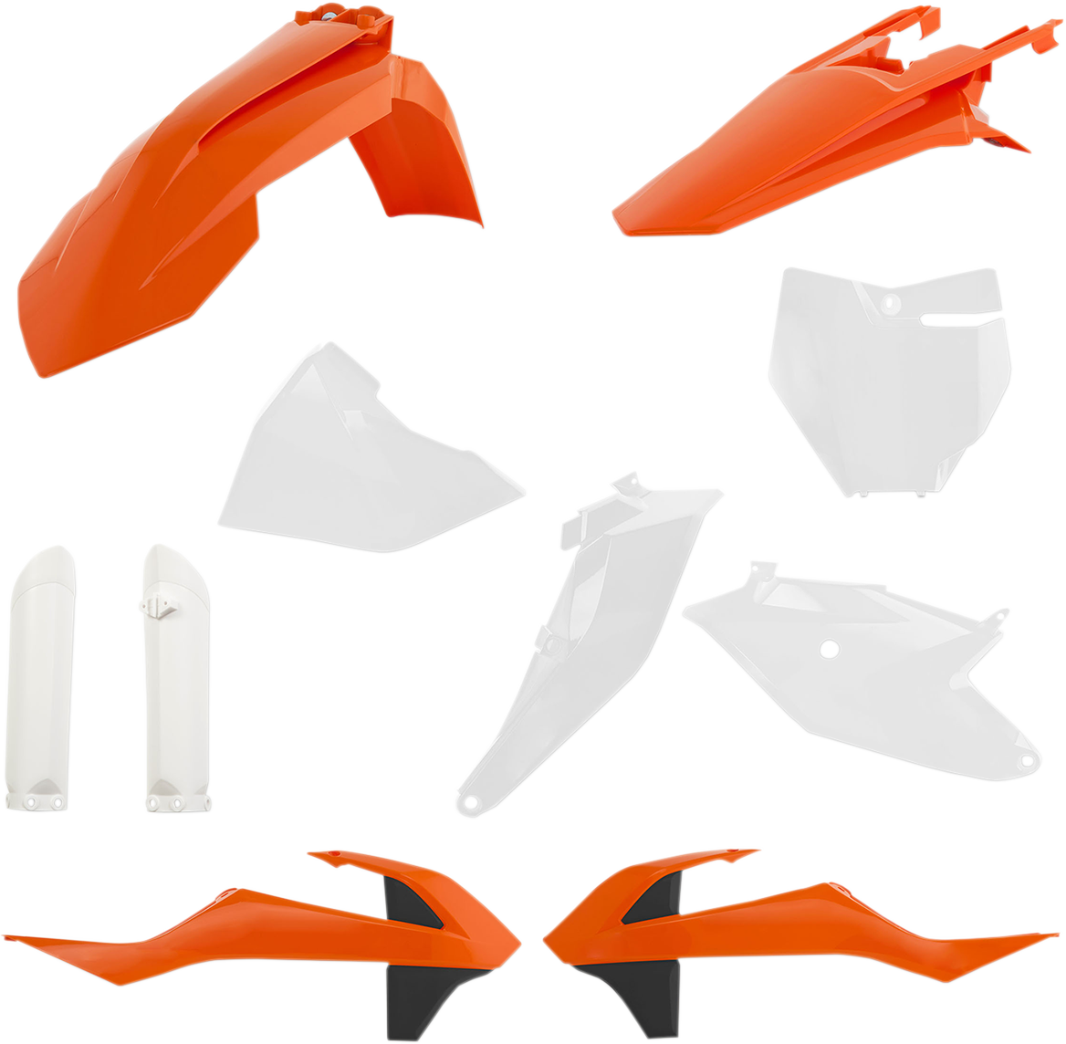 Acerbis full replacement body kit in OEM orange, white, and black for motorcycle, featuring front and rear fairings.