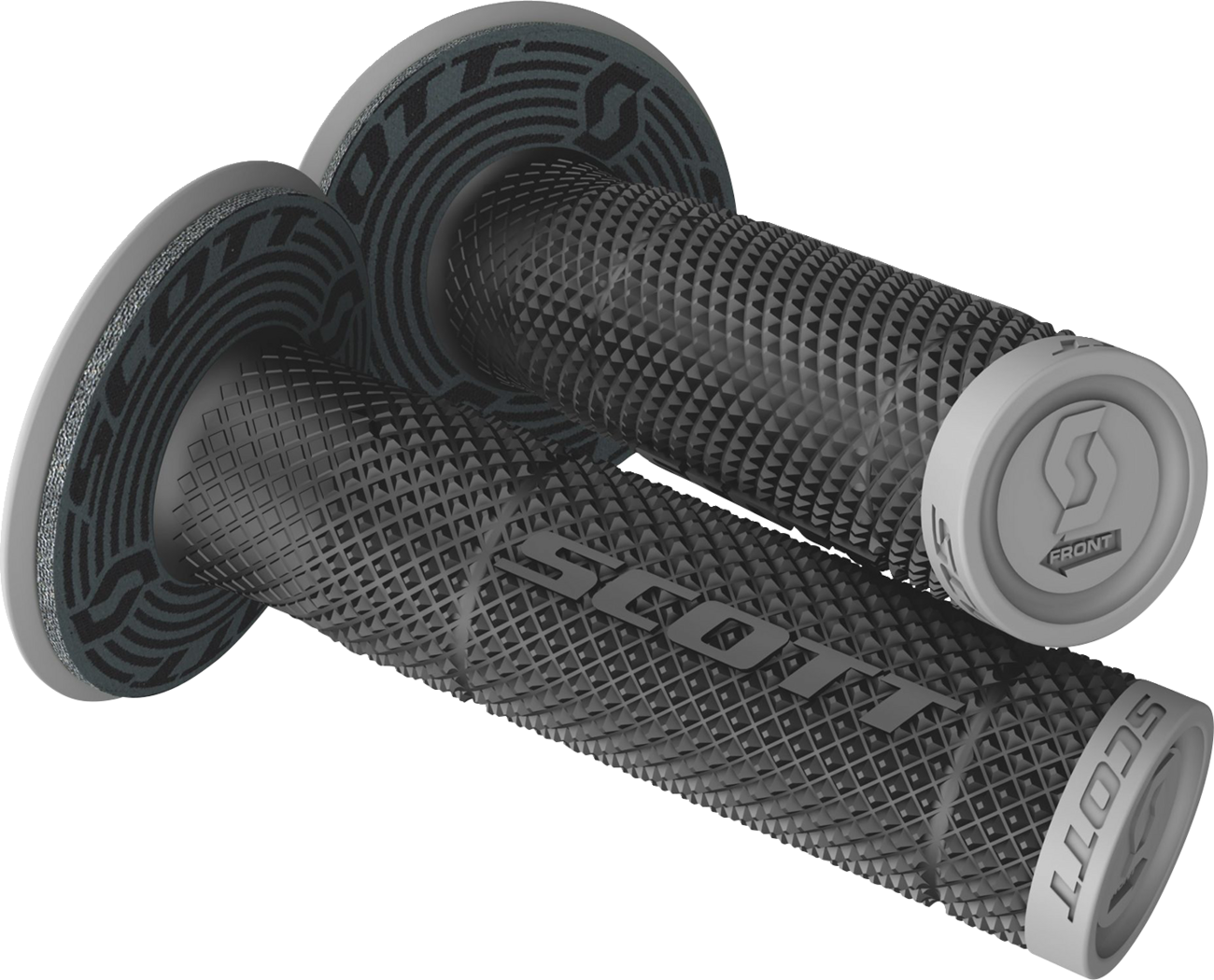 Scott SX II motorcycle grips in black and gray, designed for engine handling and comfort, by Bill's Exhausts.