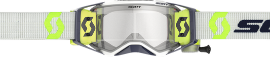 Scott Prospect WFS goggles in gray and yellow with clear lenses, designed for engine protection and visibility.