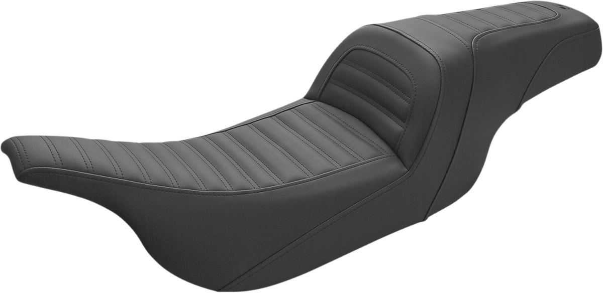 Black Saddlemens Slim Roll & Pleat Seat for bikes, featuring sleek design and detailed stitching, designed by Bill's Exhausts.