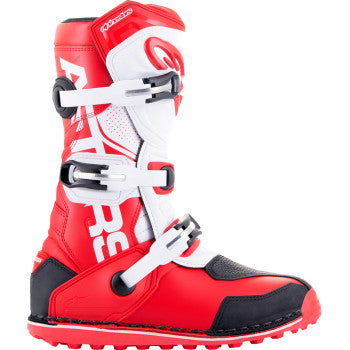 Alpinestars Tech-T motorcycle boots in red, black, and white, US size 7, featuring protective design and sturdy construction.