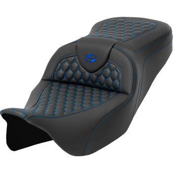 SADDLEMEN RoadSofa™ seat in honeycomb blue stitch for FLH/FLT 2008-2023, without backrest, by Bill's Exhausts