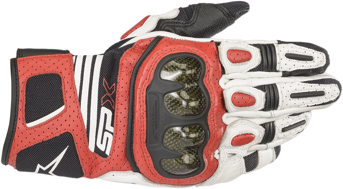 Alpinestars SPX AC V2 motorcycle gloves in white, black, and bright red with protective padding, small size, shown on a plain background.